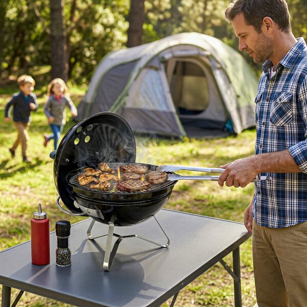 Outsunny Barbecue a Carbonella, Barbecue a Sfera Portatile con Maniglia sul Coperchio e Prese d'Aria Regolabili, 41x41x44 cm, Nero | Aosom Italy