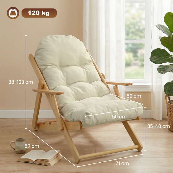 HOMCOM Poltrona Pieghevole e Reclinabile in Legno, Poltrona Relax Confortevole con Cuscino Imbottito Spesso, Bianco Crema | Aosom Italy