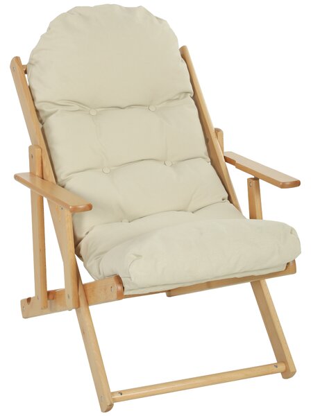 HOMCOM Poltrona Pieghevole e Reclinabile in Legno, Poltrona Relax Confortevole con Cuscino Imbottito Spesso, Bianco Crema | Aosom Italy
