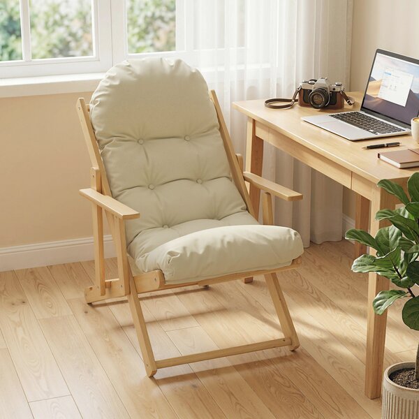 HOMCOM Poltrona Pieghevole e Reclinabile in Legno, Poltrona Relax Confortevole con Cuscino Imbottito Spesso, Bianco Crema | Aosom Italy