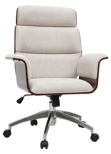 Poltrona da ufficio girevole di design in tessuto effetto velluto testurizzato beige, legno scuro e acciaio cromato ELON