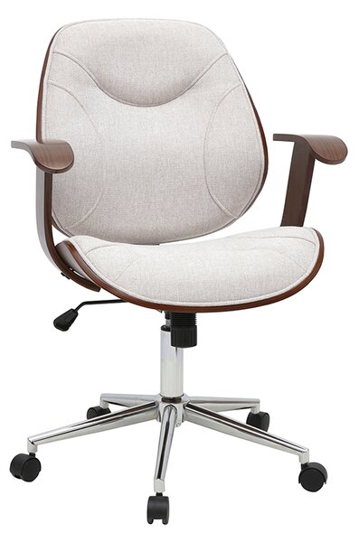 Sedia da ufficio con rotelle design in tessuto effetto velluto testurato beige, legno scuro e acciaio cromato YORKE