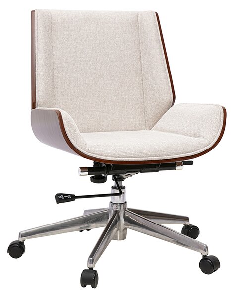 Sedia da ufficio con ruote design in tessuto effetto velluto testurizzato beige, legno scuro e acciaio cromato CURVED