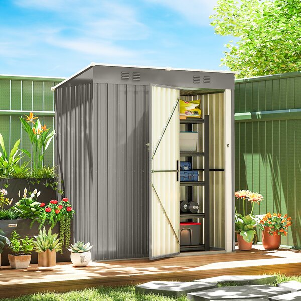 Outsunny Capanno da Giardino in Metallo Adossabile con 2 Griglie di Aerazione e Tetto Inclinato Anti-UV, 163x90x179 cm, Grigio Chiaro | Aosom Italy