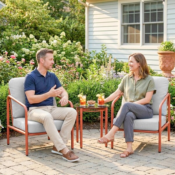 Outsunny Set di 3 Pezzi Salotto da Giardino, 2 Poltrone e 1 Tavolino, con Cuscini Spessi e Piano in Vetro Temperato, 63x77x76 cm, Rosso Vinaccia | Aosom Italy