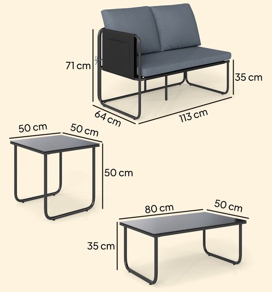 Outsunny Set di 4 Pezzi Giardino Esterno con 2 Divani a 2 Posti, 2 Tavoli in Vetro, Cuscini, Fodere Rimovibili e Tasche, Grigio | Aosom Italy