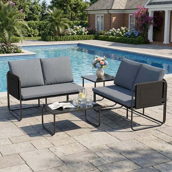 Outsunny Set di 4 Pezzi Giardino Esterno con 2 Divani a 2 Posti, 2 Tavoli in Vetro, Cuscini, Fodere Rimovibili e Tasche, Grigio | Aosom Italy