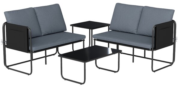 Outsunny Set di 4 Pezzi Giardino Esterno con 2 Divani a 2 Posti, 2 Tavoli in Vetro, Cuscini, Fodere Rimovibili e Tasche, Grigio | Aosom Italy