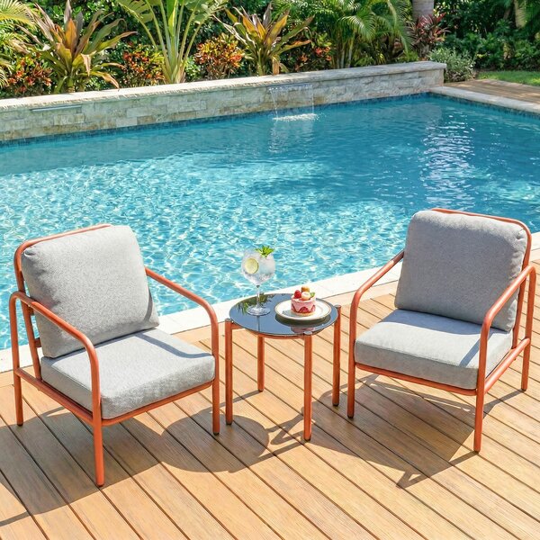 Outsunny Set di 3 Pezzi Salotto da Giardino, 2 Poltrone e 1 Tavolino, con Cuscini Spessi e Piano in Vetro Temperato, 63x77x76 cm, Rosso Vinaccia | Aosom Italy
