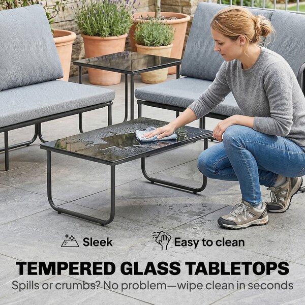 Outsunny Set di 4 Pezzi Giardino Esterno con 2 Divani a 2 Posti, 2 Tavoli in Vetro, Cuscini, Fodere Rimovibili e Tasche, Grigio | Aosom Italy