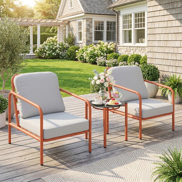 Outsunny Set di 3 Pezzi Salotto da Giardino, 2 Poltrone e 1 Tavolino, con Cuscini Spessi e Piano in Vetro Temperato, 63x77x76 cm, Rosso Vinaccia | Aosom Italy