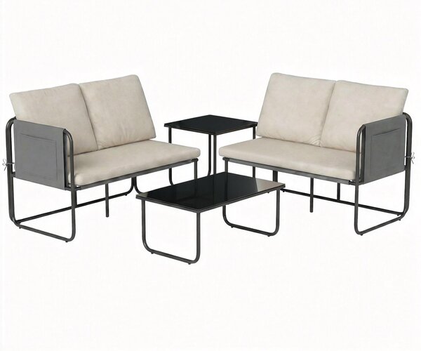 Outsunny Set di 4 Pezzi Giardino Esterno con 2 Divani a 2 Posti, 2 Tavoli in Vetro, Cuscini, Fodere Rimovibili e Tasche, Kaki | Aosom Italy