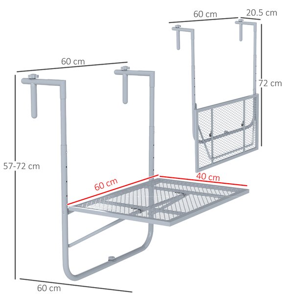 Outsunny Tavolo da Balcone Pieghevole 4-Veloce Regolabile in Altezza, Tavolo Sospeso in Metallo, Resistente alle Intemperie, 60x40 cm, Grigio | Aosom Italy