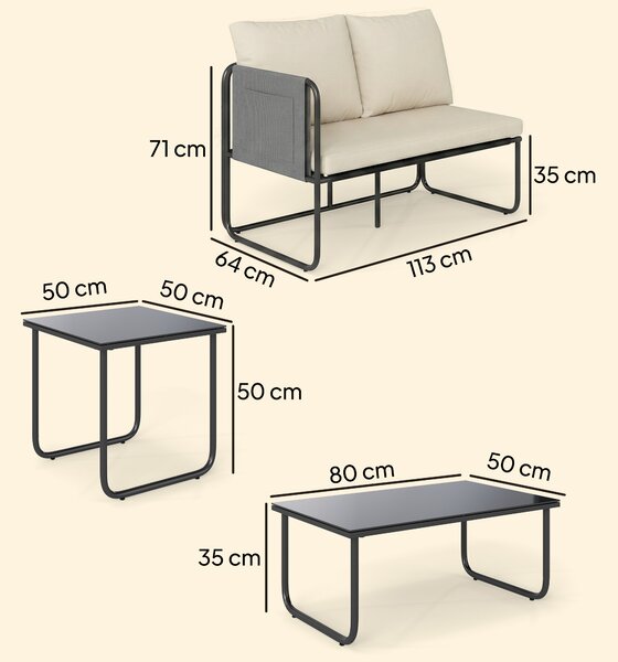 Outsunny Set di 4 Pezzi Giardino Esterno con 2 Divani a 2 Posti, 2 Tavoli in Vetro, Cuscini, Fodere Rimovibili e Tasche, Kaki | Aosom Italy