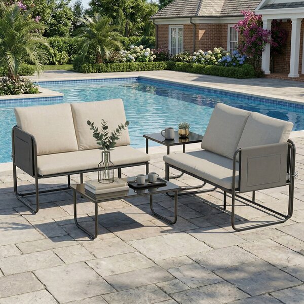 Outsunny Set di 4 Pezzi Giardino Esterno con 2 Divani a 2 Posti, 2 Tavoli in Vetro, Cuscini, Fodere Rimovibili e Tasche, Kaki | Aosom Italy