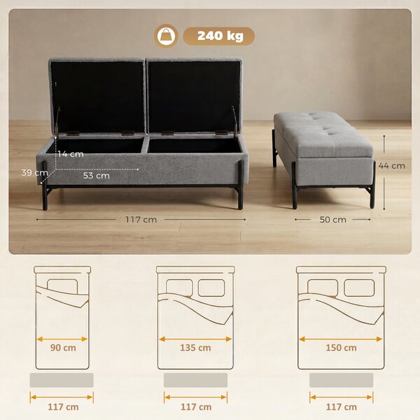 HOMCOM Panca Contenitore in Lino, Panca da Letto con 2 Scomparti, Coperchi Ribaltabili e Imbottitura Extra Spessa, 117x50x44 cm, Grigio | Aosom Italy