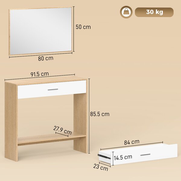 HOMCOM Consolle con Specchio, Consolle Stretta con Cassetto e Ripiano, Stile Moderno, 91,5x27,9x85,5 cm, Rovere | Aosom Italy