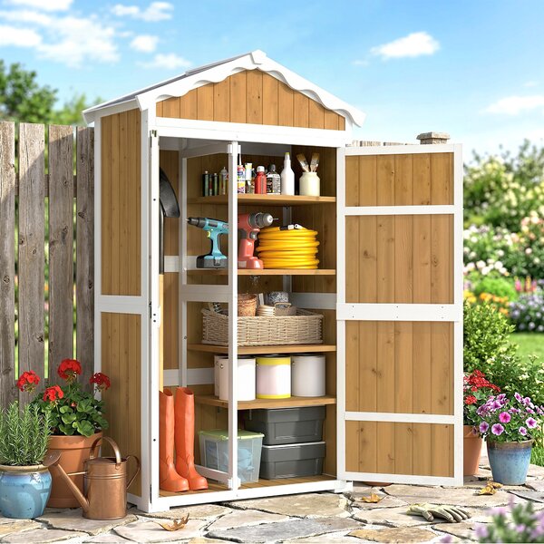 Outsunny Casetta da Giardino in Legno, Armadio per Attrezzi con 4 Ripiani e Tetto in Metallo Zincato, 105x55x179 cm, Color Naturale | Aosom Italy