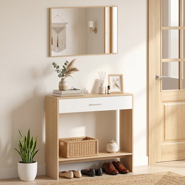 HOMCOM Consolle con Specchio, Consolle Stretta con Cassetto e Ripiano, Stile Moderno, 91,5x27,9x85,5 cm, Rovere | Aosom Italy