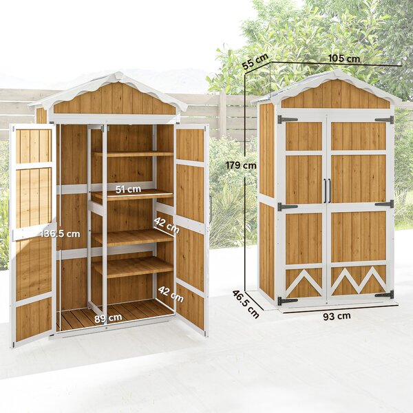 Outsunny Casetta da Giardino in Legno, Armadio per Attrezzi con 4 Ripiani e Tetto in Metallo Zincato, 105x55x179 cm, Color Naturale | Aosom Italy