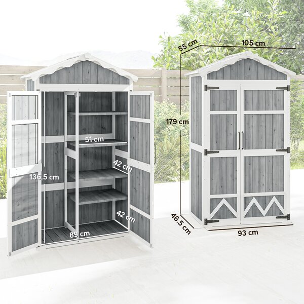 Outsunny Casetta da Giardino in Legno, Armadio per Attrezzi con 4 Ripiani e Tetto in Metallo Zincato, 105x55x179 cm, Grigio | Aosom Italy