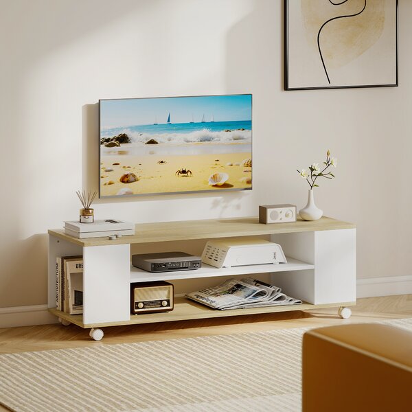 HOMCOM Mobile TV con Ruote 120 cm, Mobile per TV fino a 140 cm con 2 Ripiani Aperti, Bianco e Naturale | Aosom Italy
