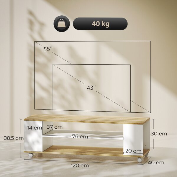 HOMCOM Mobile TV con Ruote 120 cm, Mobile per TV fino a 140 cm con 2 Ripiani Aperti, Bianco e Naturale | Aosom Italy