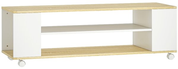 HOMCOM Mobile TV con Ruote 120 cm, Mobile per TV fino a 140 cm con 2 Ripiani Aperti, Bianco e Naturale | Aosom Italy
