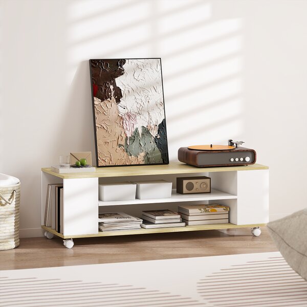 HOMCOM Mobile TV con Ruote 120 cm, Mobile per TV fino a 140 cm con 2 Ripiani Aperti, Bianco e Naturale | Aosom Italy