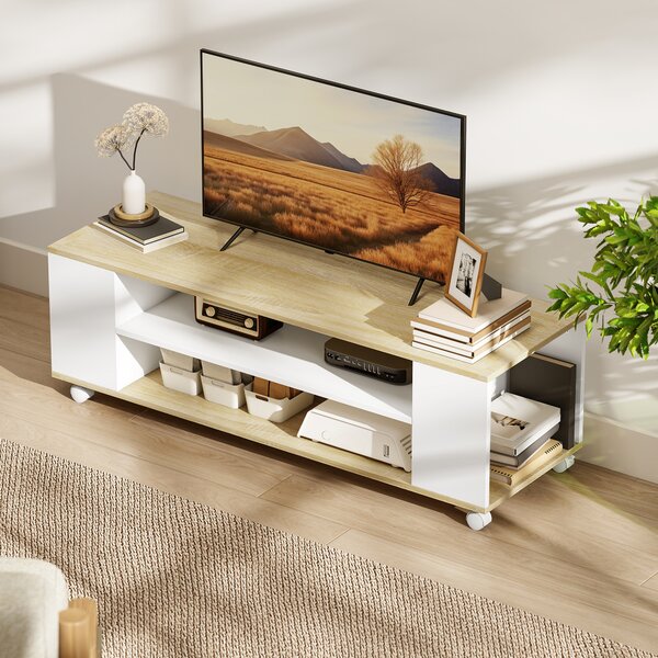 HOMCOM Mobile TV con Ruote 120 cm, Mobile per TV fino a 140 cm con 2 Ripiani Aperti, Bianco e Naturale | Aosom Italy