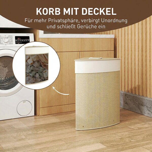 HOMCOM Cesto Portabiancheria Angolare da 55L con Sacco Estraibile e Coperchio Removibile, in Bambù, 35x35x60 cm, Color Legno | Aosom Italy
