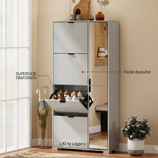 HOMCOM Scarpiera con Specchio, 4 Cassetti Ribalta, Scarpiera Ingresso, Grigio | Aosom Italy