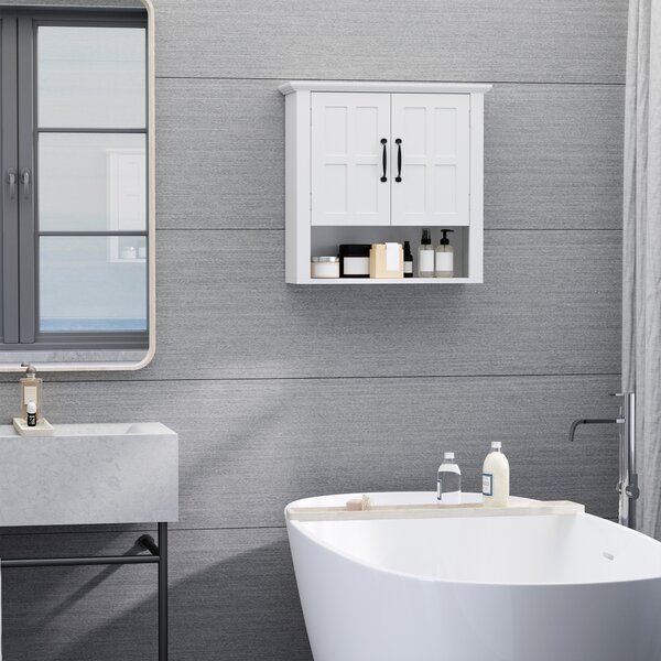 Homcom Mobiletto da Parete 2 Ante con Ripiano in Legno per Cucina Bagno, Bianco 60x19.8x58cm