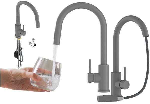 Granitan | LOSETO - Miscelatore da cucina - Bocca estraibile - 2 tipi di getto - Grigio - Acciaio inossidabile - Caratteristica in Vetroceramica