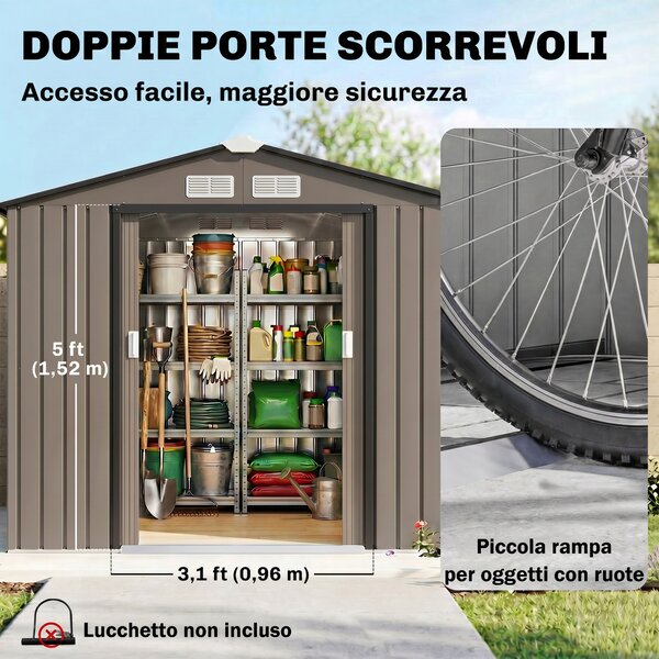 Outsunny Casetta da Giardino in Metallo con Prese d'Aria e Doppia Porta Scorrevole, 2.1x1.3m, Marrone | Aosom Italy