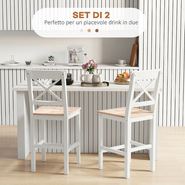 HOMCOM Set di 2 Sgabelli Bar, Sgabelli Cucina Alti con Schienale Alto, Poggiapiedi, in Legno di Pino, Naturale e Bianco | Aosom Italy