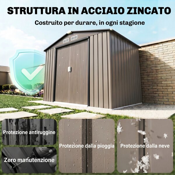 Outsunny Casetta da Giardino in Metallo con Prese d'Aria e Doppia Porta Scorrevole, 2.1x1.3m, Marrone | Aosom Italy