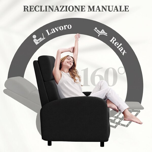 HOMCOM Poltrona Relax Reclinabile Manuale 160° con Poggiapiedi in Tessuto Effetto Lino, Nero | Aosom Italy