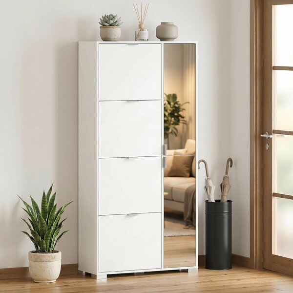 HOMCOM Scarpiera con Specchio, 4 Cassetti Ribalta, Scarpiera Ingresso, Bianco | Aosom Italy