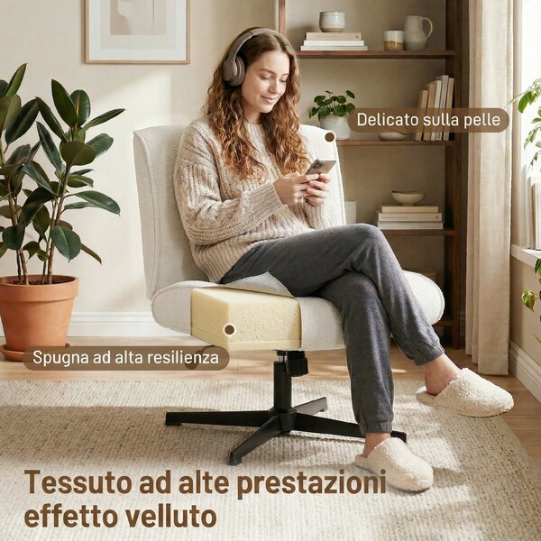 HOMCOM Poltrona da Salotto Girevole 360°, Altezza regolabile in Velluto a Goccia Senza Braccioli, Crema | Aosom Italy