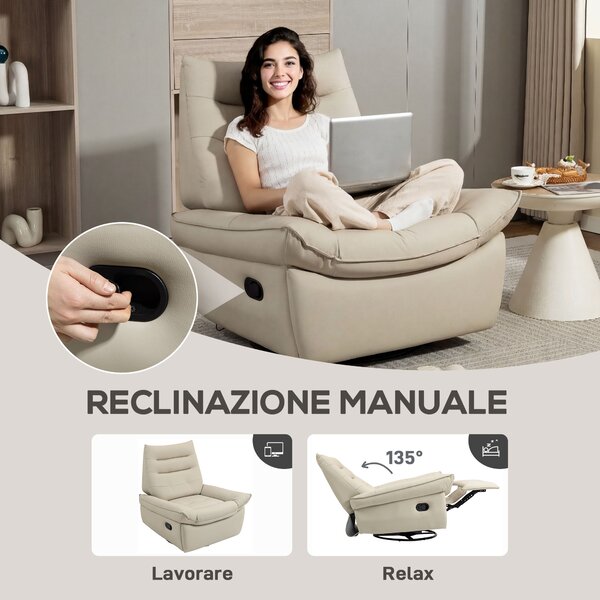 HOMCOM Poltrona Relax Reclinabile Manualmente con Poggiapiedi e Base Girevole Senza Braccioli, Crema | Aosom Italy