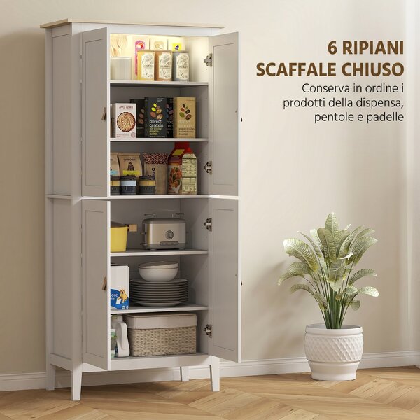HOMCOM Credenza Cucina Alta 177 cm, Mobile Cucina con Luce LED, Dimmerabile a 3 Colori, Ripiani Regolabili, Bianco | Aosom Italy