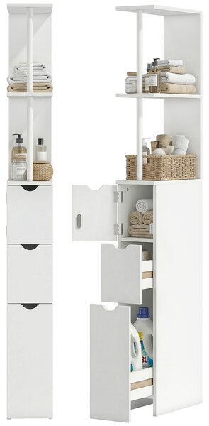 HOMCOM Mobile Colonna Bagno Salvaspazio con Armadietto, Ripiani e Cassetti, 15x33x136.8 cm, Bianco | Aosom Italy