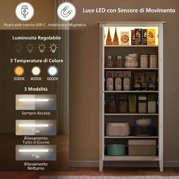 HOMCOM Credenza Cucina Alta 177 cm, Mobile Cucina con Luce LED, Dimmerabile a 3 Colori, Ripiani Regolabili, Bianco | Aosom Italy