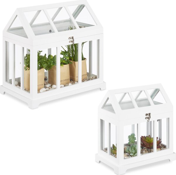 Mini serra Relaxdays, set da 2, per davanzale, serra da interno, vetro e MDF, erbe aromatiche, fiori, 2 misure, bianco