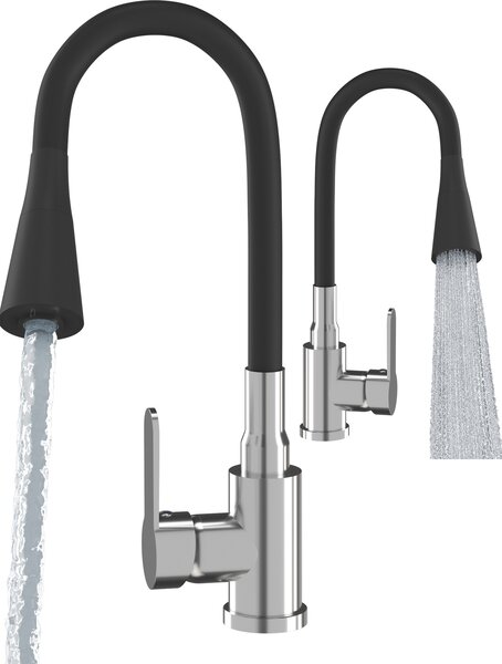 Granitan | FLEXO - Rubinetto da cucina - Bocchello flessibile - 2 tipi di getto - Nero, cromato - Ottone