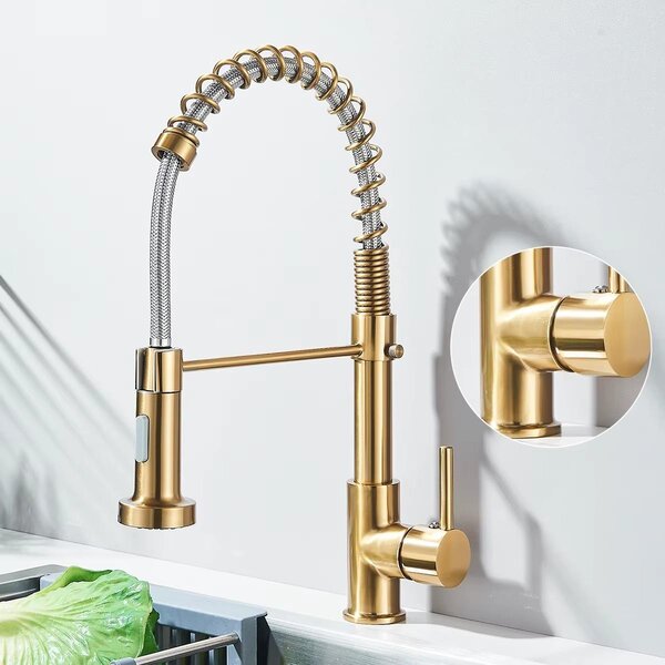 Miscelatore da cucina estraibile - Acciaio inossidabile 304 - Miscelatore monocomando - Acqua calda e fredda - Girevole a 360° - Finitura dorata spazzolata con tubo grigio