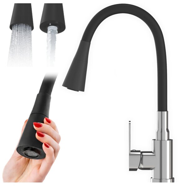 Granitan | FLEXO - Rubinetto da cucina - Bocchello flessibile - 2 tipi di getto - Nero, cromato - Ottone - Carica in Vetroceramica