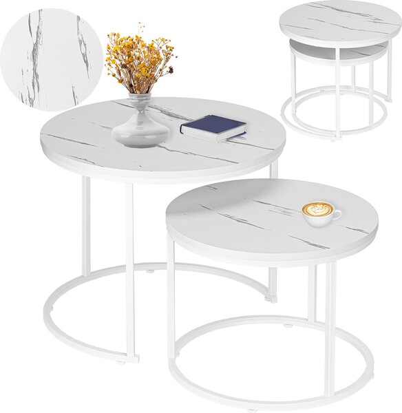 Set di due tavolini, color bianco, modello Galen, piccoli, in marmo bianco