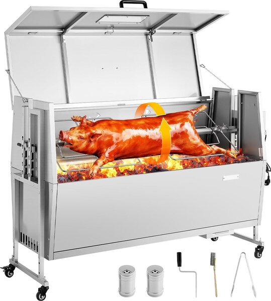 Griglia a carbone con girarrosto - Griglia per maialetti e agnelli - Lunghezza griglia 132 cm - Capacità di carico 60 kg - Motore elettrico 38 W - Regolazione in altezza a 4 livelli - Acciaio inossidabile - Con ruote e coperchio